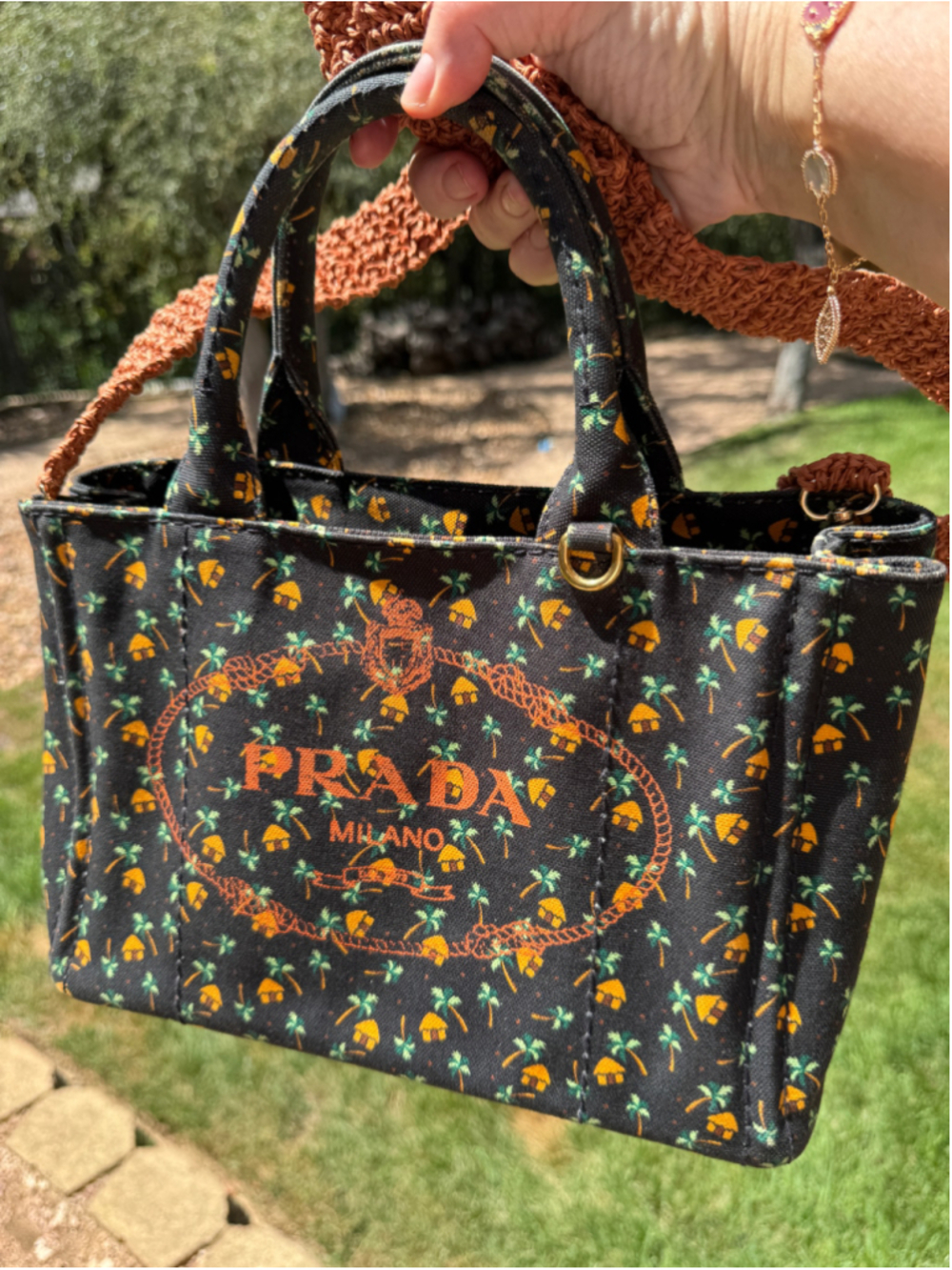 Prada Canapa Palm trees and tiki hut pattern Canvas Tote Bag